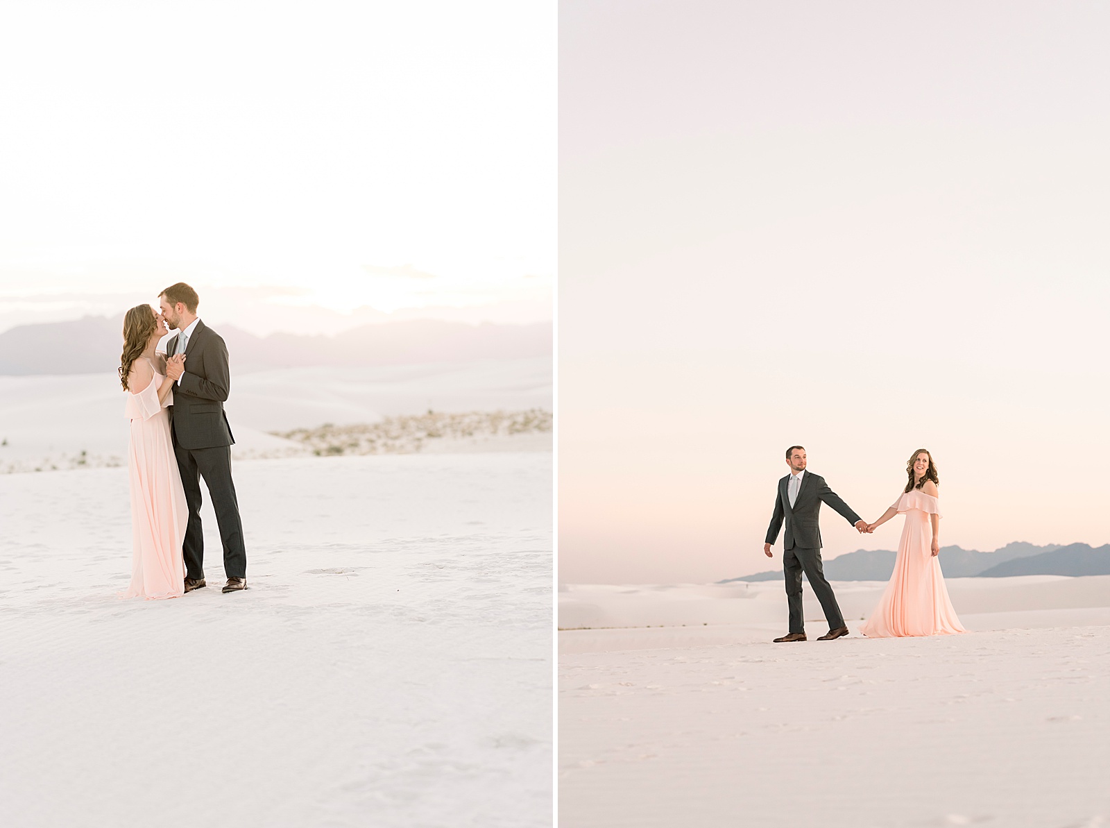 portrait of couple at White Sands, New Mexico at sunset