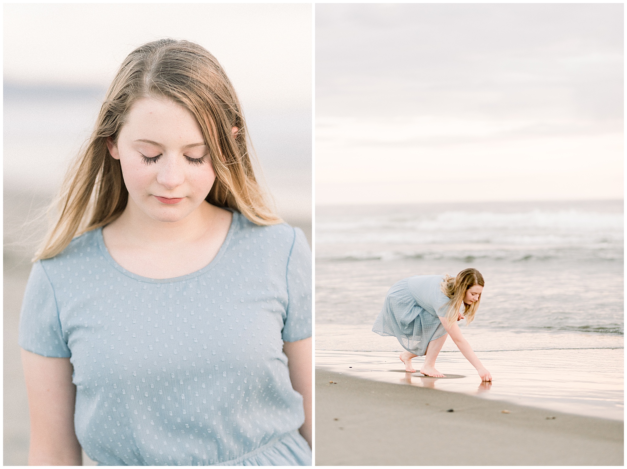 Teenage girl collecting sea shells on the Oregon coast
